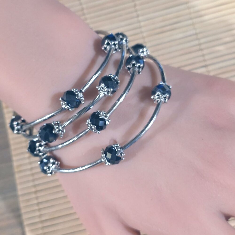 Black Faceted Crystal Rondelle Beads Silver Metal Handcrafted Wrap Bracelet